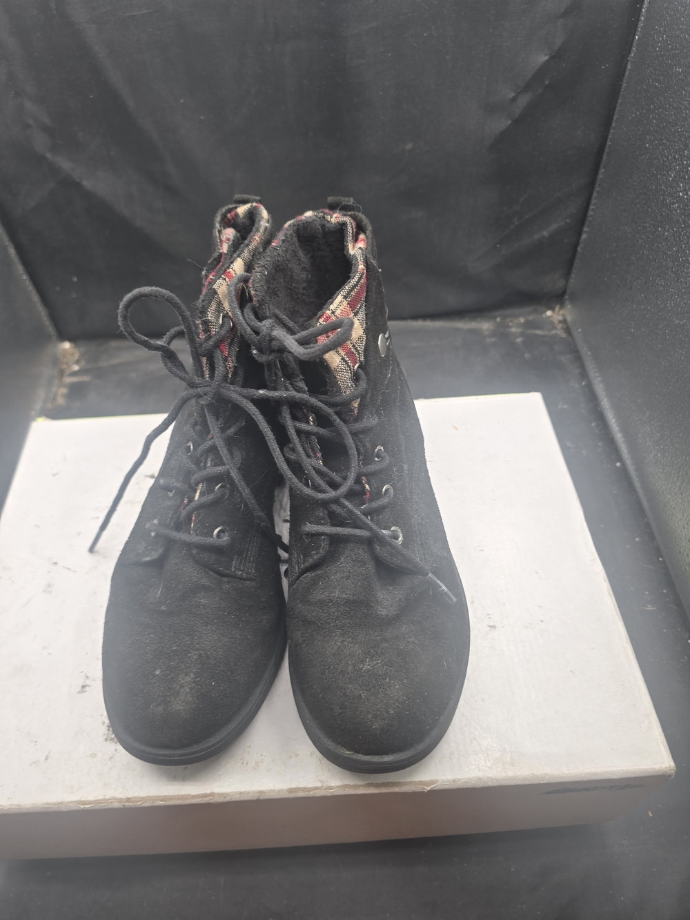 Women’s Black Lace-Up Ankle Boots with Plaid Trim